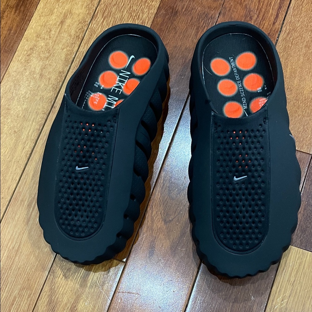 Nike Black Slip-On Sandals with Orange Insole Dots